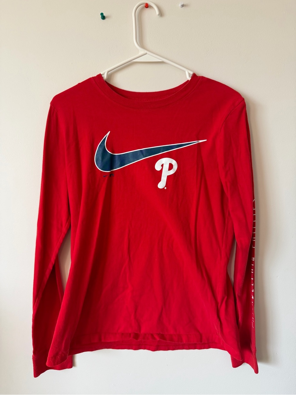 Nike Red Long-Sleeve Tee with Navy Swoosh and White P Logo